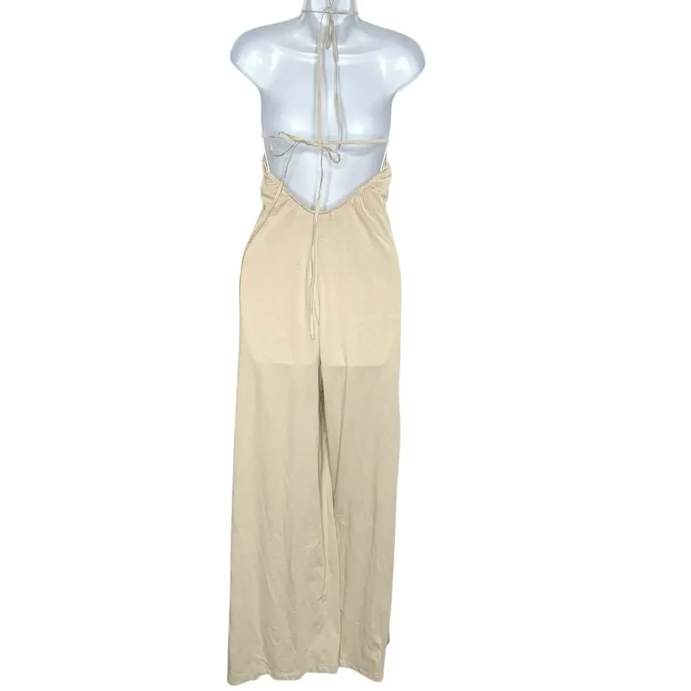 Zara M NEW Halter Top Open Back Ruffle Trim Jumpsuit Beige Travel Summer